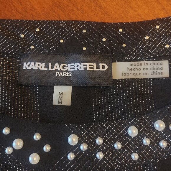 Karl Lagerfeld Paris Black & Grey Plaid top with Pearl Detailing - Picture 7 of 16